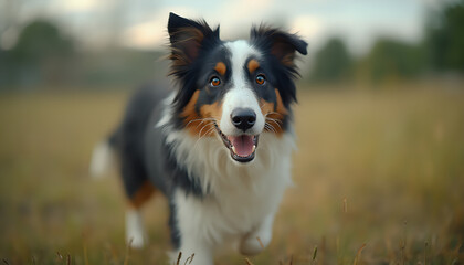 Australian Shepherd Dog in Field with Eager Expression