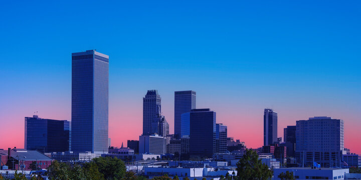 Tulsa City Skyline at Sunset in the State of Oklahoma, a modern metropolis of the midwestern United States