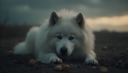 Obraz premium Samoyed Dog Resting Outdoors in Dusk Light