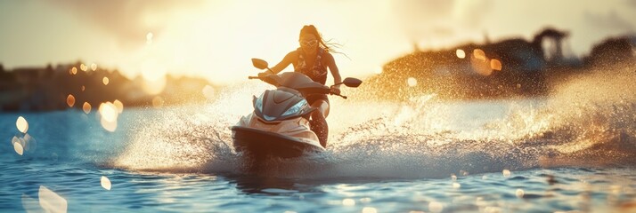 Jetski in water. Summer tropical sports.