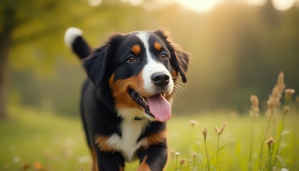 Bernese Mountain Dog Sitting in Sunlit Field with Happy Expression