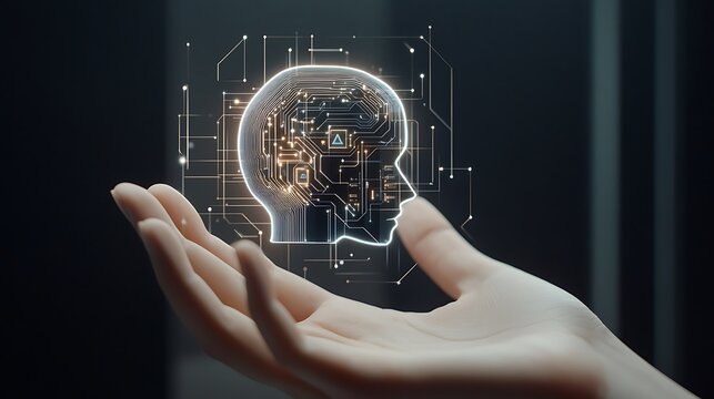 A person holds a digital representation of an AI interface in their open hand. The interface features a human-like head icon with circuit patterns, symbolizing artificial intelligence.