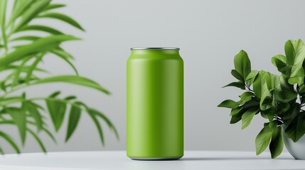 Green Aluminum Can Mockup on White Table with Plants