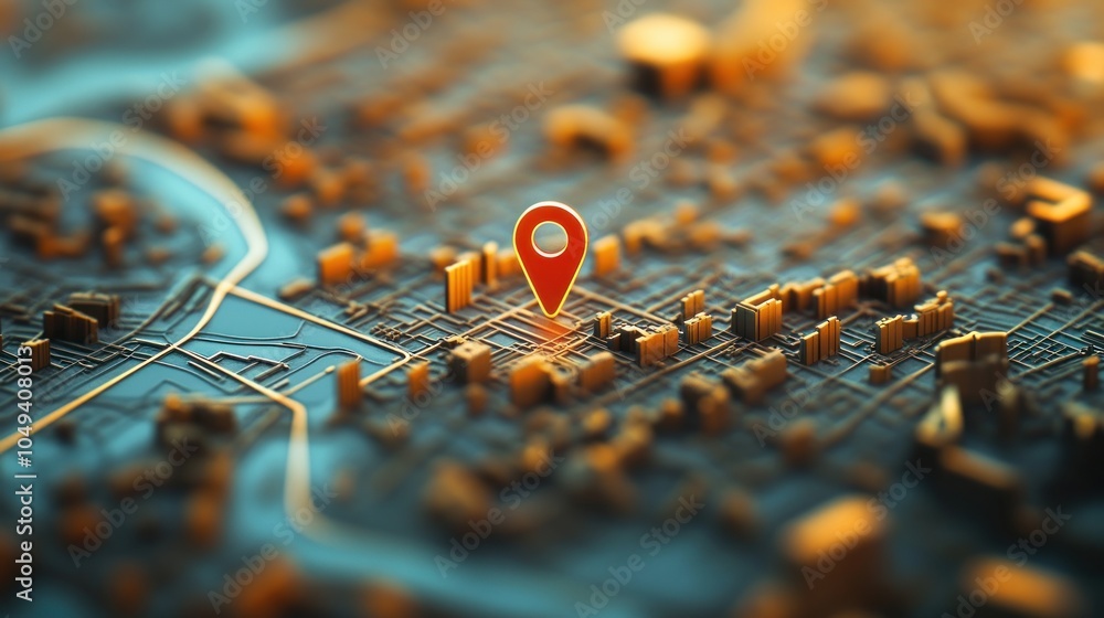 Poster A stylized map view highlighting a location marker amidst urban structures.