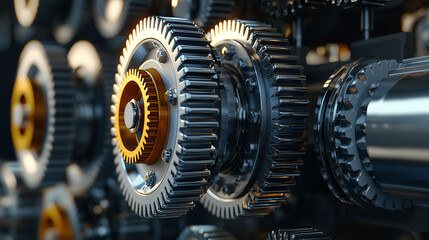 A close up of a large number of gears, some of which are gold