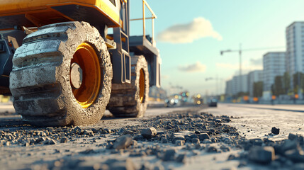 A large construction vehicle is parked on a road with a lot of gravel