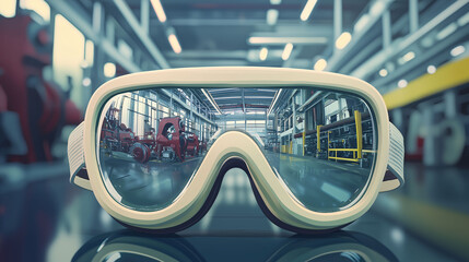 A pair of goggles with a reflection of a factory in the mirror