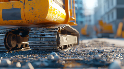 A yellow construction vehicle is on a gravel road