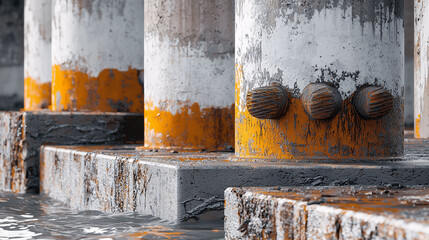 Three pillars with yellow paint on them