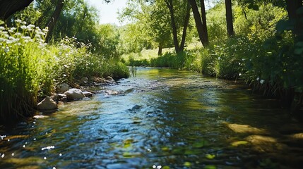 Obraz premium Tranquil stream flowing through a lush green forest on a sunny day.