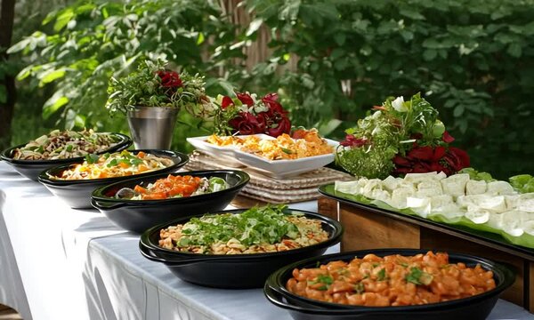 A buffet table filled with a variety of food items, including salad, salsa, cheese, tortillas, and nuts.