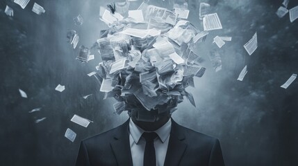 Businessman experiencing information overload with papers exploding from head