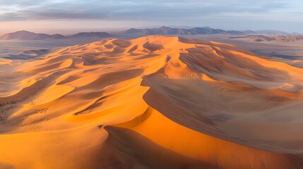 Fototapeta premium Golden desert dunes at sunset, showcasing a stunning interplay of light and shadow.