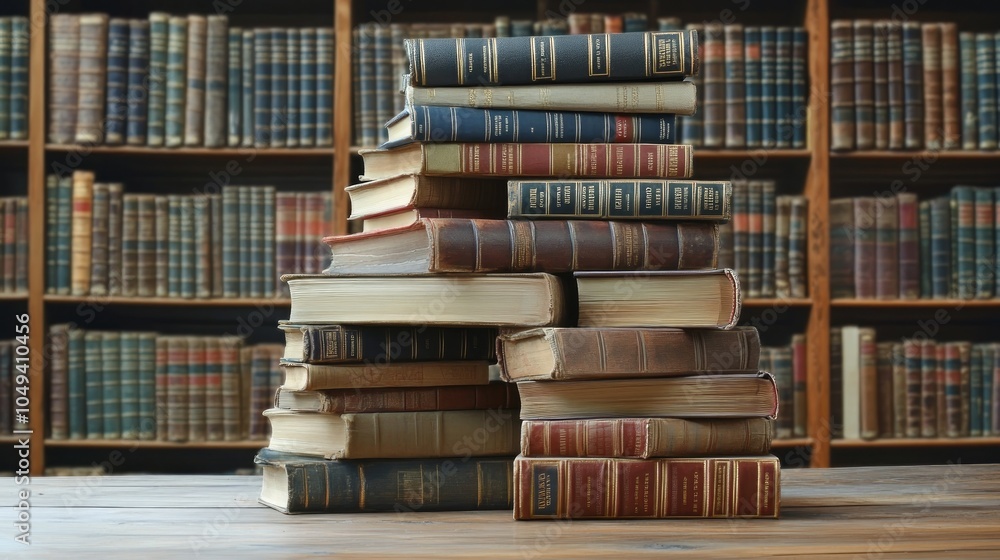Poster a stack of antique leather-bound books in a library with rows of books on shelves in the background.