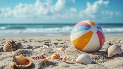 Obraz premium A beach ball partially buried in the sand with seashells and beach accessories around it