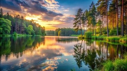 Fototapeta premium A tranquil lake surrounded by tall trees and lush greenery at sunset, tree lined shore, lake scenery, forest scenery