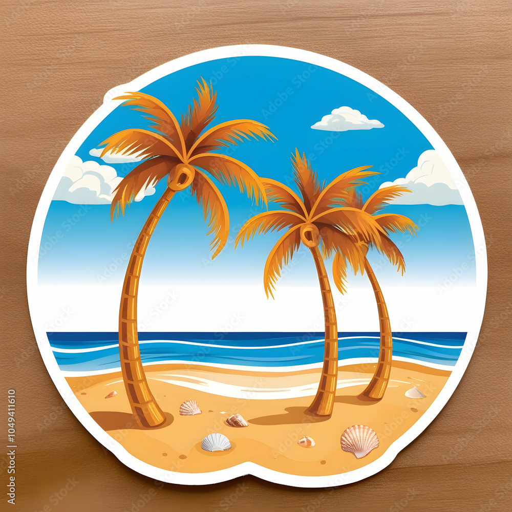 Fototapete a sticker of a beach scene with palm trees and a beach isolated on white background
