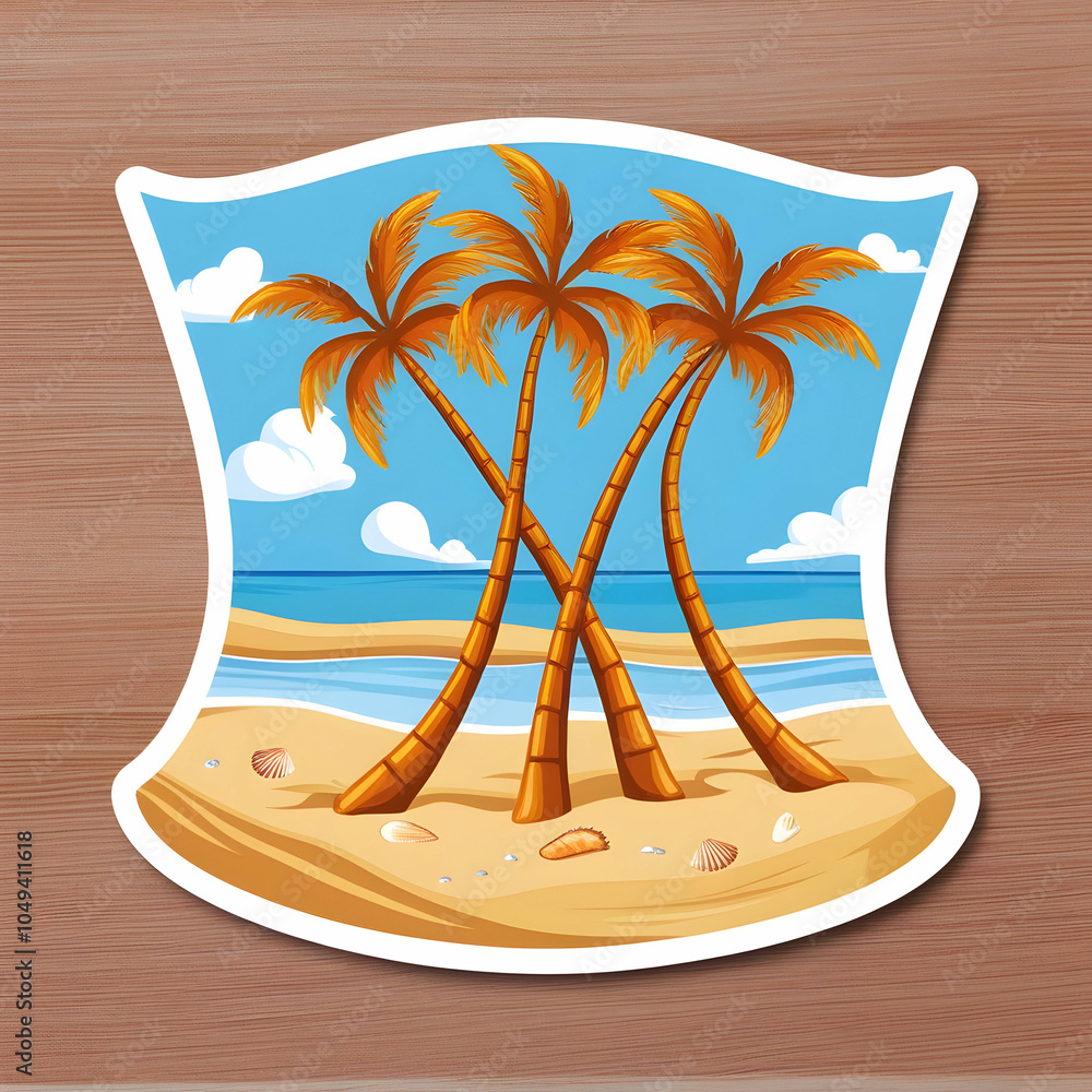 Fototapete a sticker of a beach scene with palm trees and a beach isolated on white background