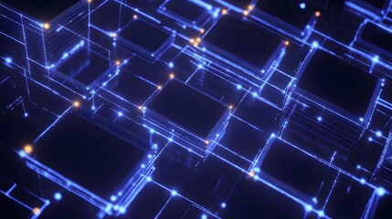 Obraz premium Futuristic digital network with glowing lines and squares in blue hues.
