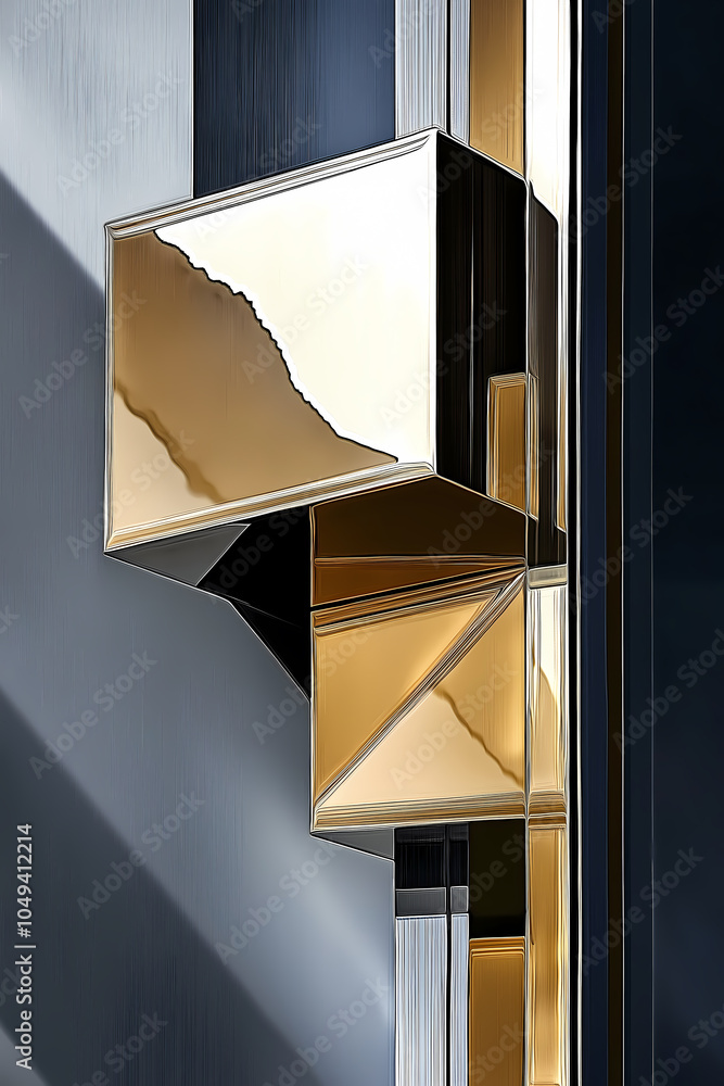 Poster modern golden panels reflect sharp shadows, creating bold geometry across structure. minimalism defi