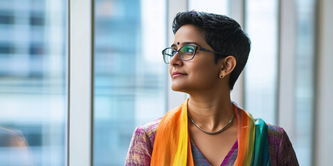 beautiful young Indian successful businesswoman thinking about the future. Inclusion and diversity at work. Image of inclusive lesbian entrepeneur business woman in the office l