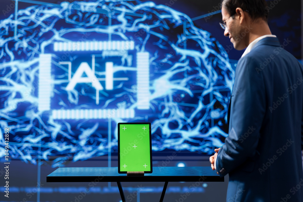 Poster computer scientist in startup doing advancements in ai field using chroma key tablet. green screen d
