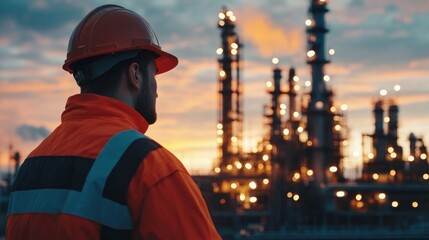 Obraz premium A worker in an orange jumpsuit and hard hat stands in front of a large industrial complex at sunset.