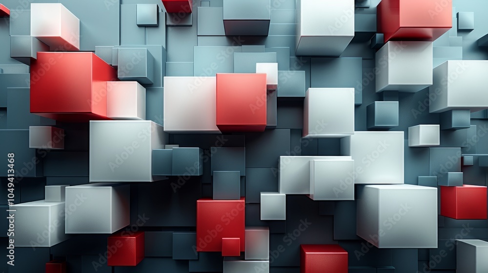 Poster abstract 3d background with a random pattern of red, white, and blue cubes.