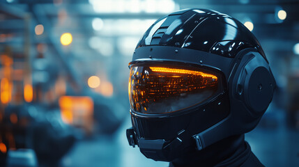 Fototapeta premium A high-tech industrial helmet, matte black, reflective visor, close-up shot with a factory background.