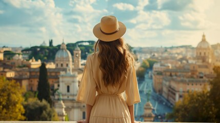 Jubilee year Rome tourism concept. Blonde woman wearing hat standing on the balcony and looking at Rome city view. 