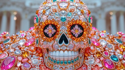 Naklejka premium Colorful decorated skull with vibrant gemstones, artistic cultural representation.