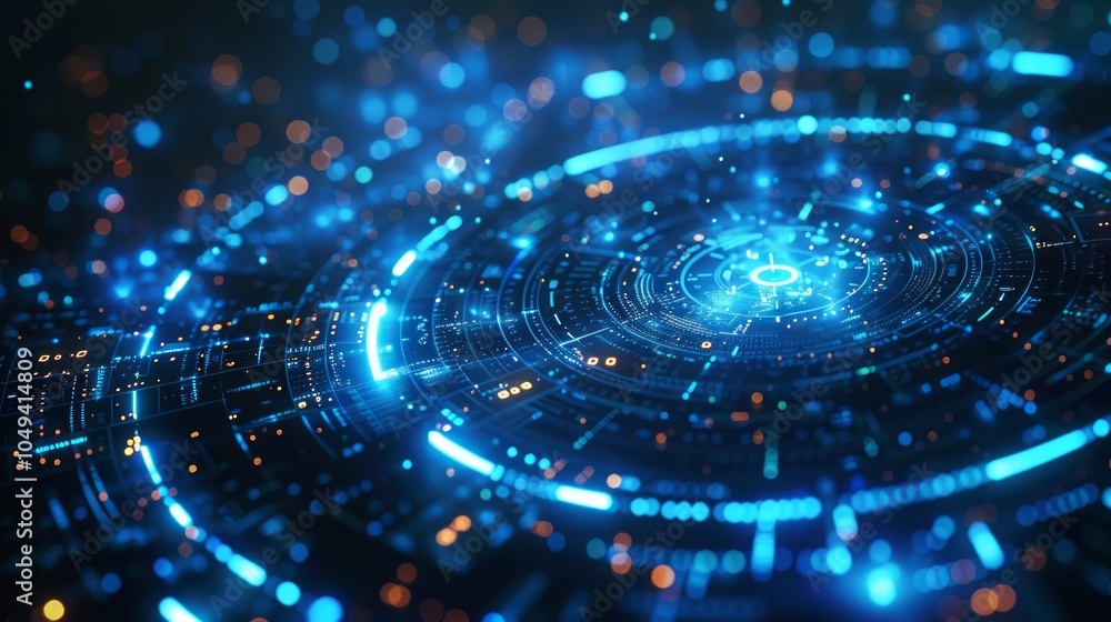 Poster abstract futuristic blue glowing circles with bokeh lights and technological elements.