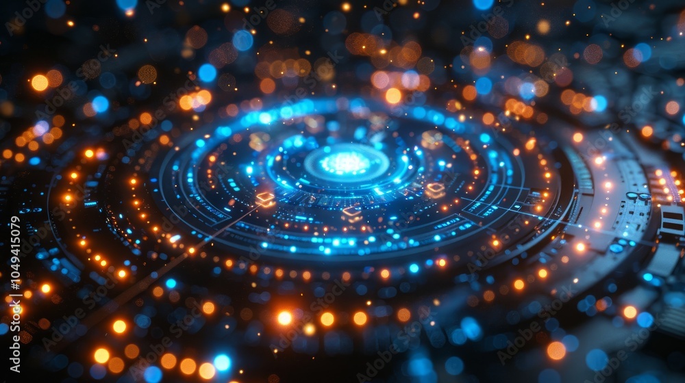 Poster abstract glowing blue and orange circular design with particles and bokeh.