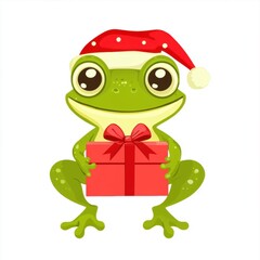 Fototapeta premium Cute frog wearing Christmas cap holding a gift box isolated over white background.