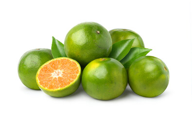 Tangerine orange with cut in half isolated on white background.