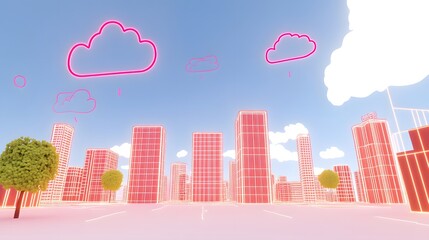 Fototapeta premium Futuristic city skyline with neon outlines and whimsical clouds.