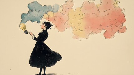 Naklejka premium Woman in black dress holding a light bulb, surrounded by colorful smoke clouds.