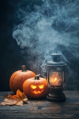 Halloween holiday carved pumpkin with smoke background