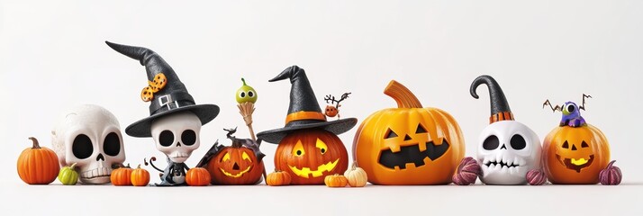 Cute cartoon character of witch and pumpkin. 3D. Halloween decoration elements.