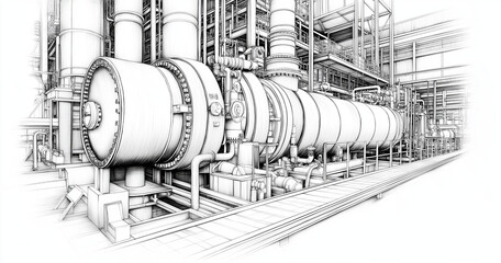 Intricate schematic diagram showcasing various industrial plant machinery and equipment including pipes valves pumps turbines compressors