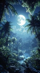 A serene nighttime jungle scene featuring lush palm trees illuminated by a bright full moon, creating a mystical atmosphere with soft blue hues and shadows.