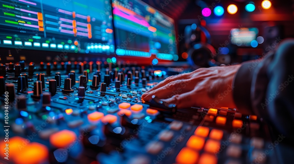 Poster close-up of a hand adjusting knobs on a sound mixing board in a recording studio.