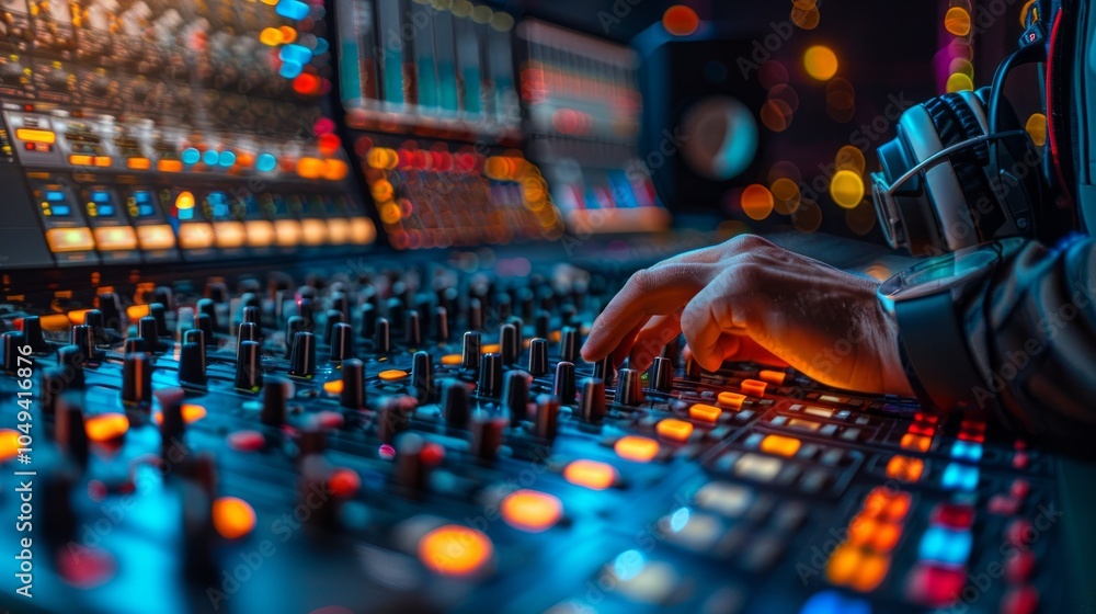 Poster closeup of a hand adjusting a mixing console with glowing buttons.