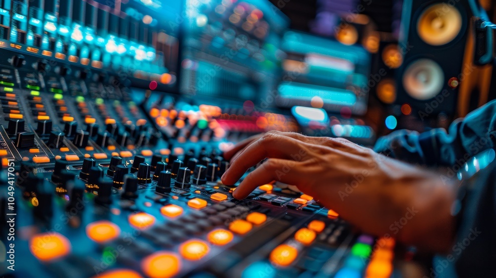 Poster close-up of a hand adjusting the faders on a sound mixing console in a recording studio.
