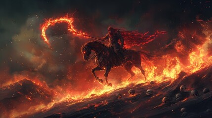 Grim reaper with scythe riding a horse. Fire, smoke. Halloween theme poster.