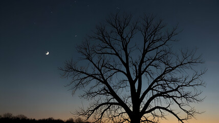 Fototapeta premium Bare tree with thin branches under a pale crescent moon. Wallpaper