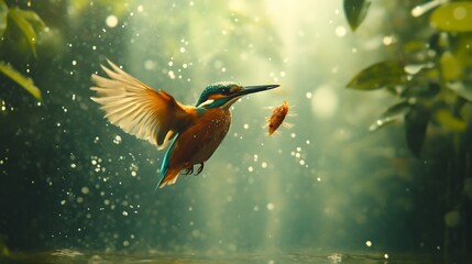 Fototapeta premium A vibrant kingfisher in flight, capturing a fish in a misty, magical setting.