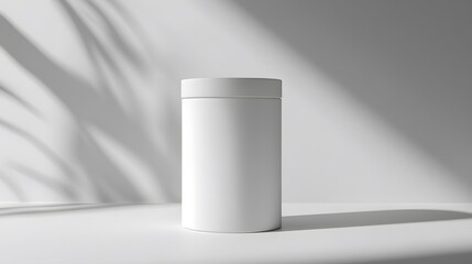 Blank mockup template of a packaging label on a cylindrical plastic jar, with minimalist design and soft natural light.