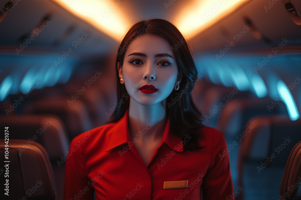 Wall mural portrait of air hostess on the plane, selective focus beautiful cabin crew woman on the aisle.