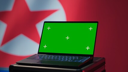 North Korea army soldier using military tech on green screen laptop to identify threats....
